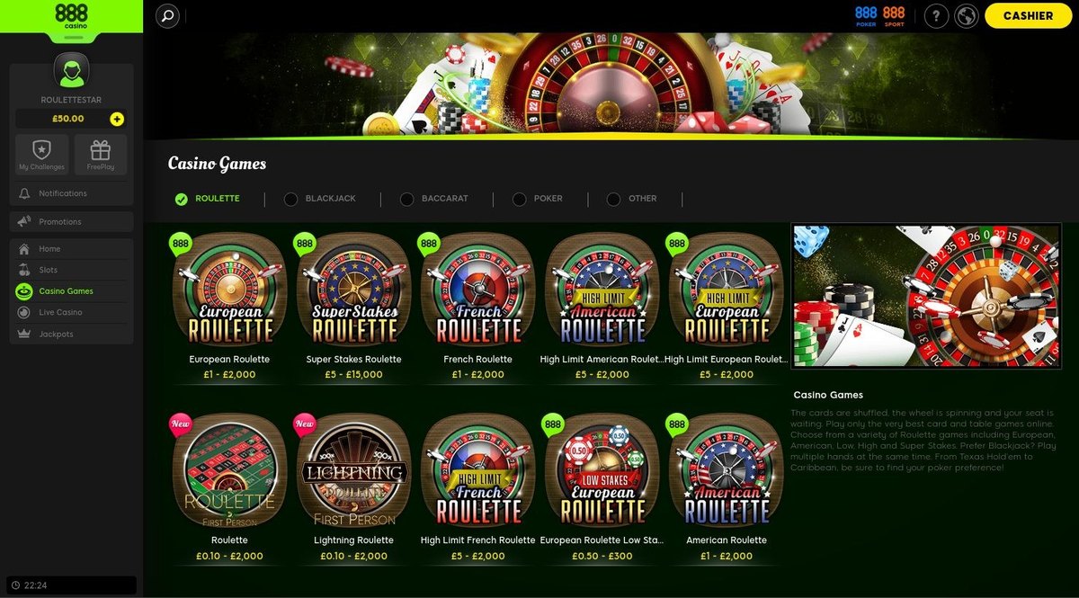 888casino roulette and casino games on green felt