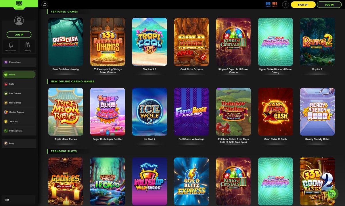 888casino slots lobby with featured and trending games