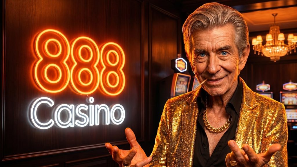 Chip, the ChipReign host in his gold sequin blazer, in an 888 Casino lobby with the orange 888 Casino neon logo