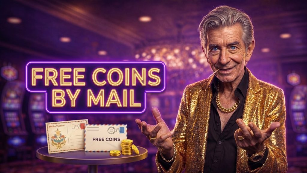Chip beside a FREE COINS BY MAIL neon sign with a postcard and coins