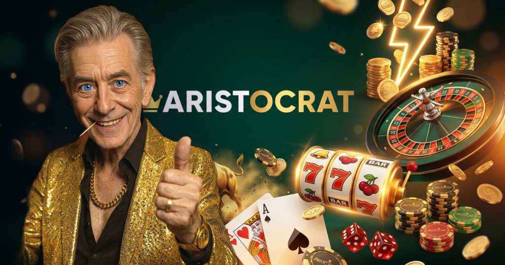 ARISTOCRAT casino review featuring ChipReign character, branded game montage backdrop