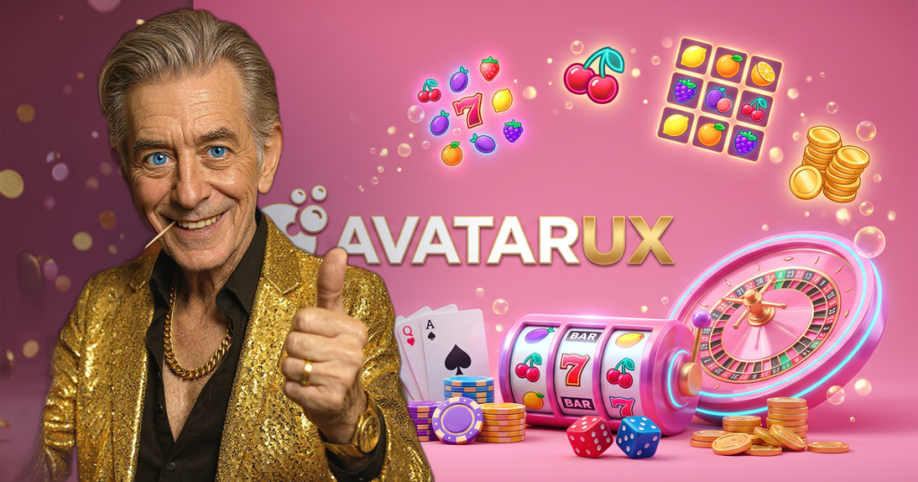 AVATARUX casino review featuring ChipReign character, branded game montage backdrop