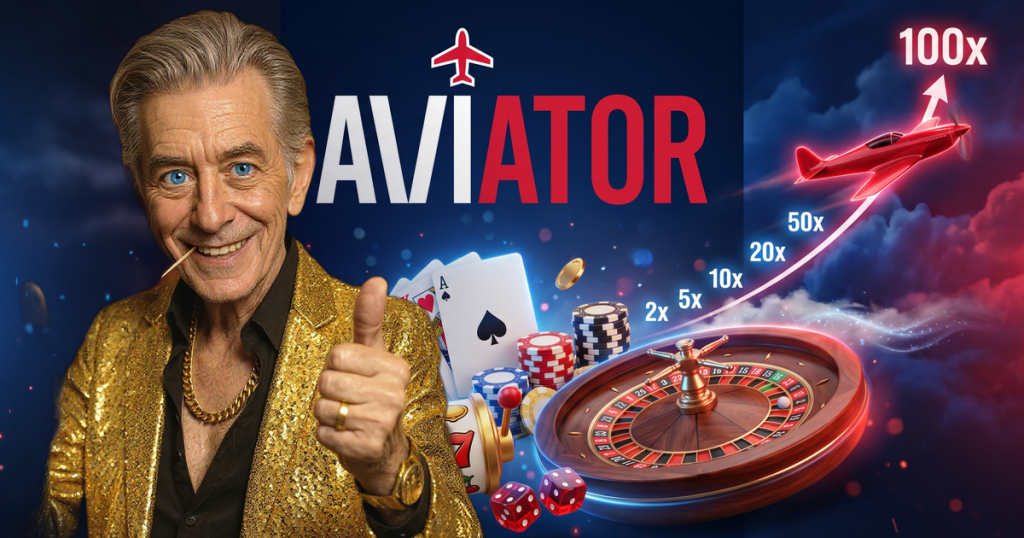 AVIATOR casino review featuring ChipReign character, branded game montage backdrop