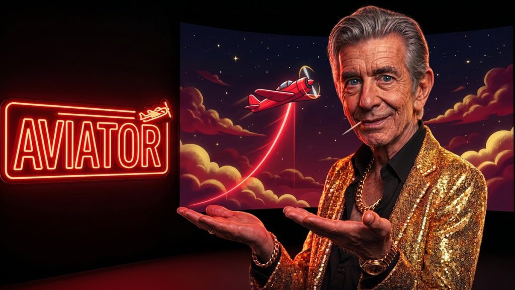 Chip beside an AVIATOR neon sign with a red plane climbing a multiplier curve