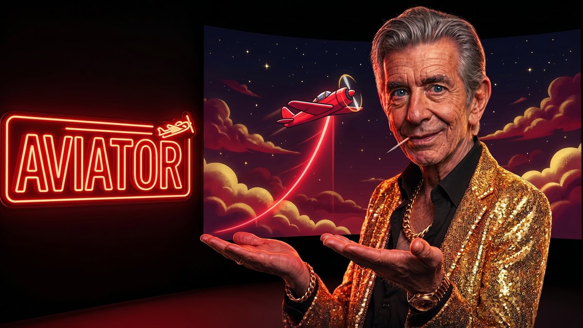 Chip beside an AVIATOR neon sign with a red plane climbing a multiplier curve