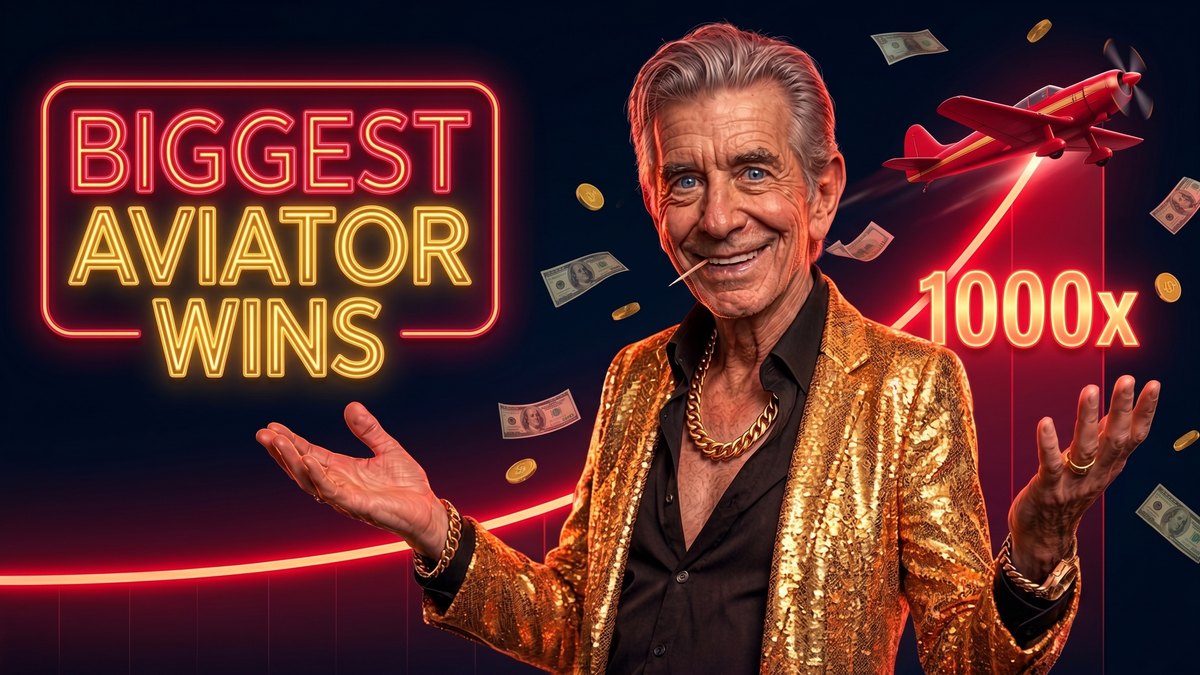 Chip celebrating beside a BIGGEST AVIATOR WINS neon sign with a red plane on a 1000x multiplier curve