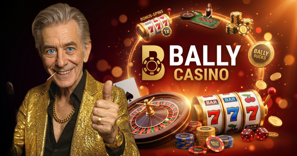 BALLY CASINO casino review featuring ChipReign character, branded game montage backdrop