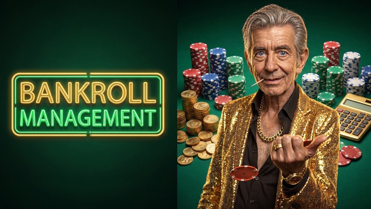 Chip rolling a chip beside a BANKROLL MANAGEMENT neon sign with organised stacks of chips