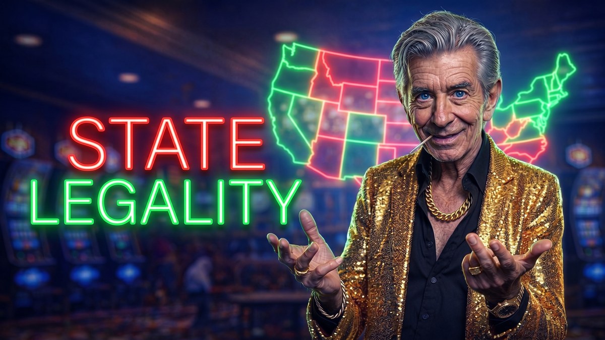 Chip beside a STATE LEGALITY neon sign with a glowing US map