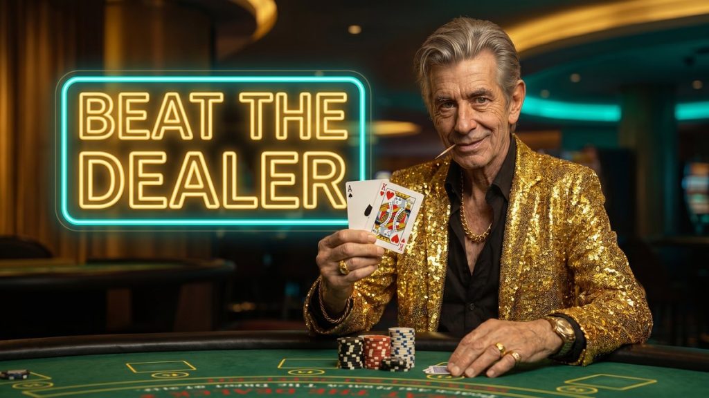 Chip holding a blackjack of Ace and King at a table beside a BEAT THE DEALER neon sign