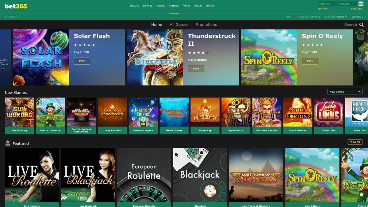 bet365 Casino games lobby showing slots including Thunderstruck II, Spin O Reely and Live Roulette