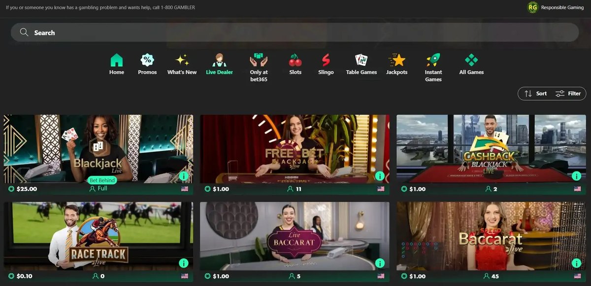 bet365 US live dealer lobby with Live Blackjack, Baccarat and Race Track Live tables