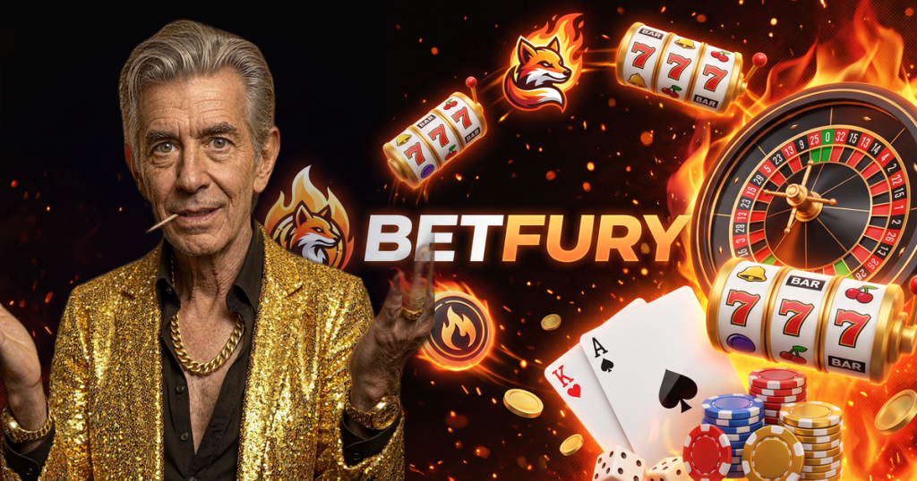 BETFURY casino review featuring ChipReign character, branded game montage backdrop