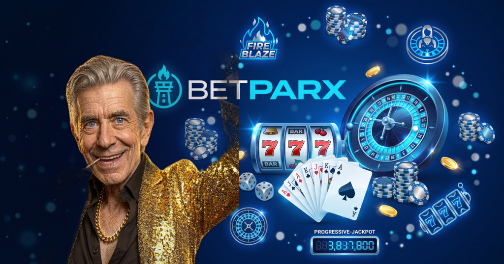BETPARX casino review featuring ChipReign character, branded game montage backdrop