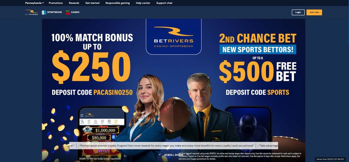 BetRivers Casino Pennsylvania homepage showing the 100 percent match bonus up to 250 dollars