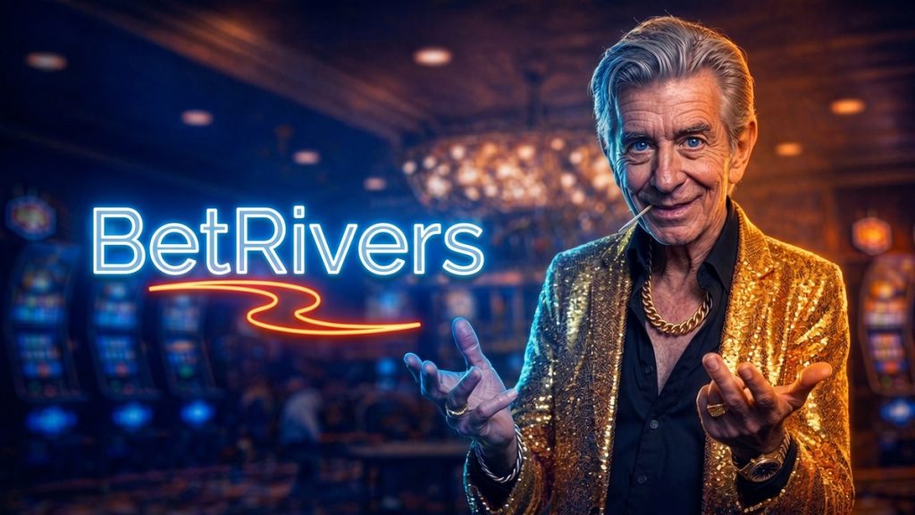 Chip, the ChipReign host in his gold sequin blazer, in a BetRivers casino lobby with the BetRivers logo in its brand colours