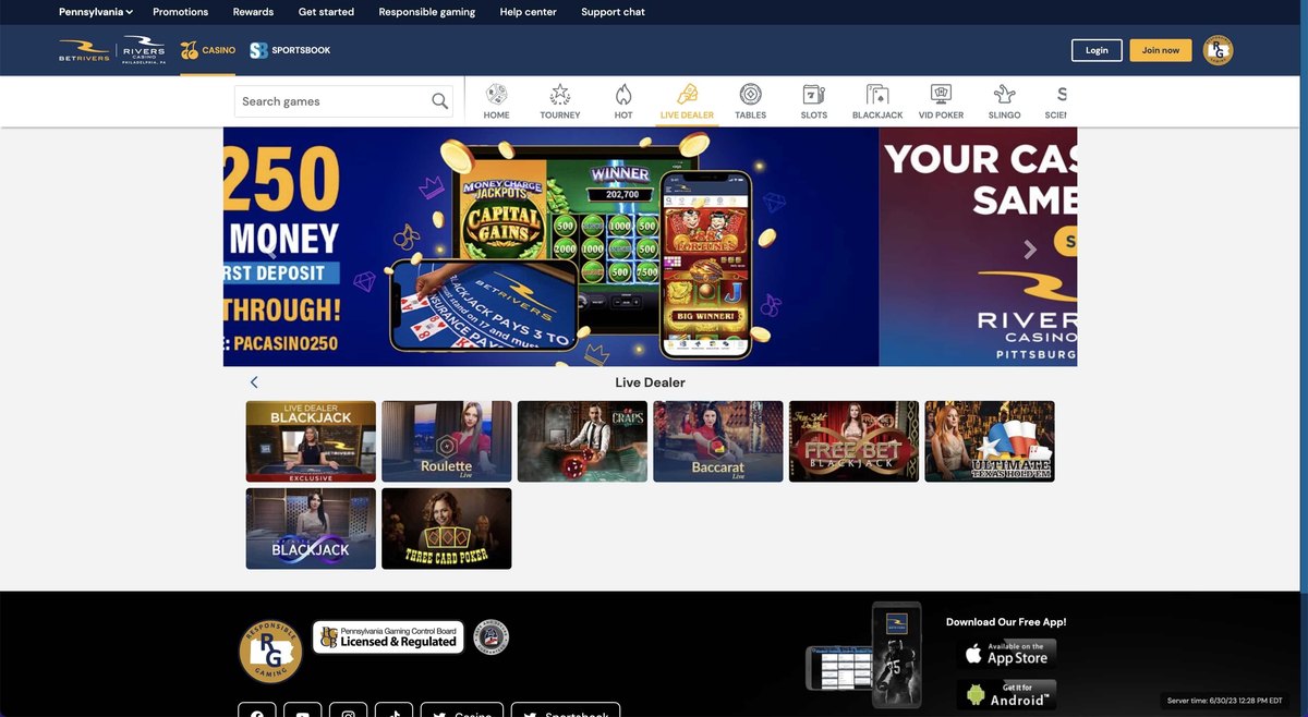 BetRivers live dealer lobby with a Pennsylvania Gaming Control Board licensed and regulated footer