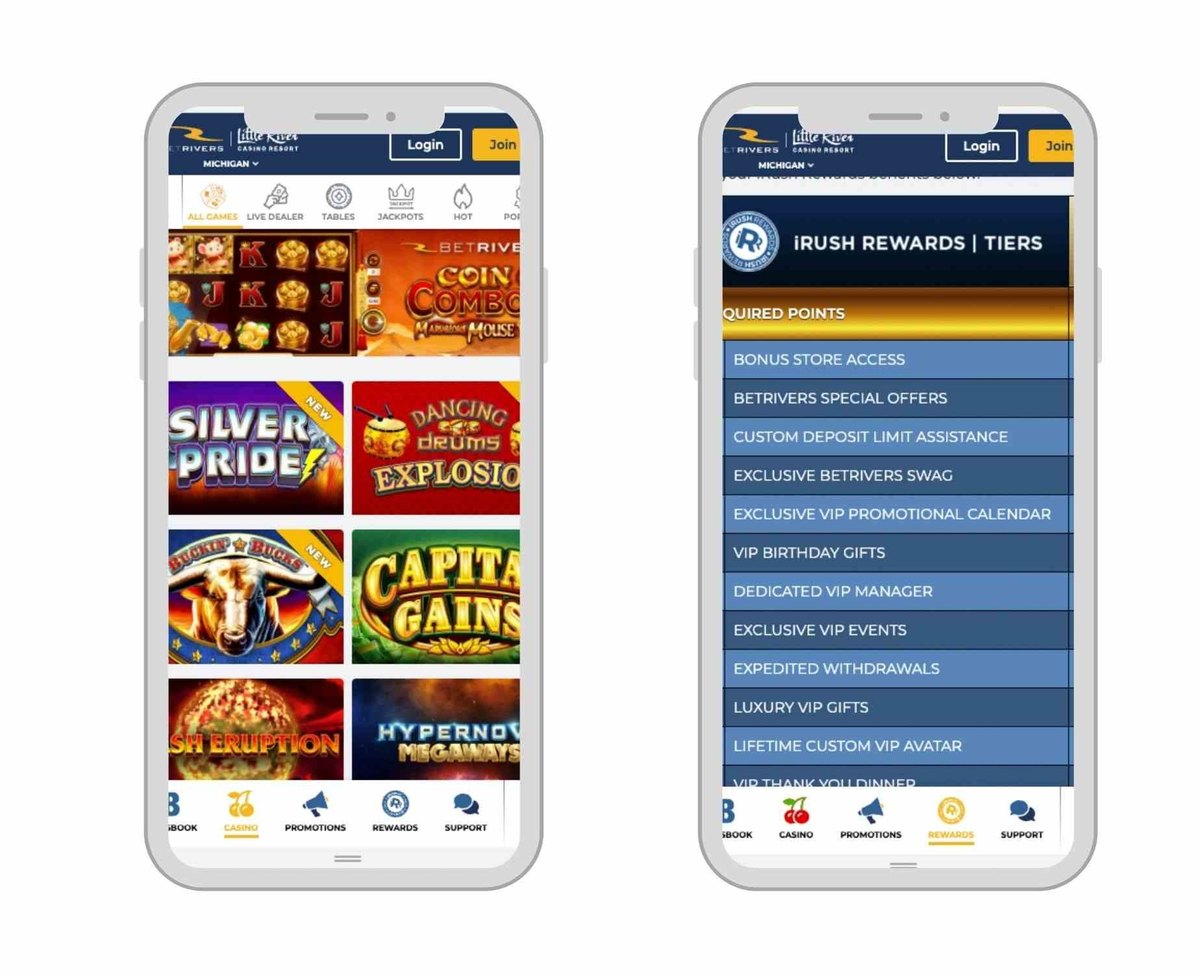 BetRivers mobile app showing the slots lobby and iRush Rewards loyalty tiers