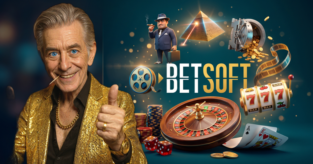 BETSOFT casino review featuring ChipReign character, branded game montage backdrop