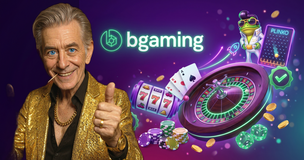 BGAMING casino review featuring ChipReign character, branded game montage backdrop