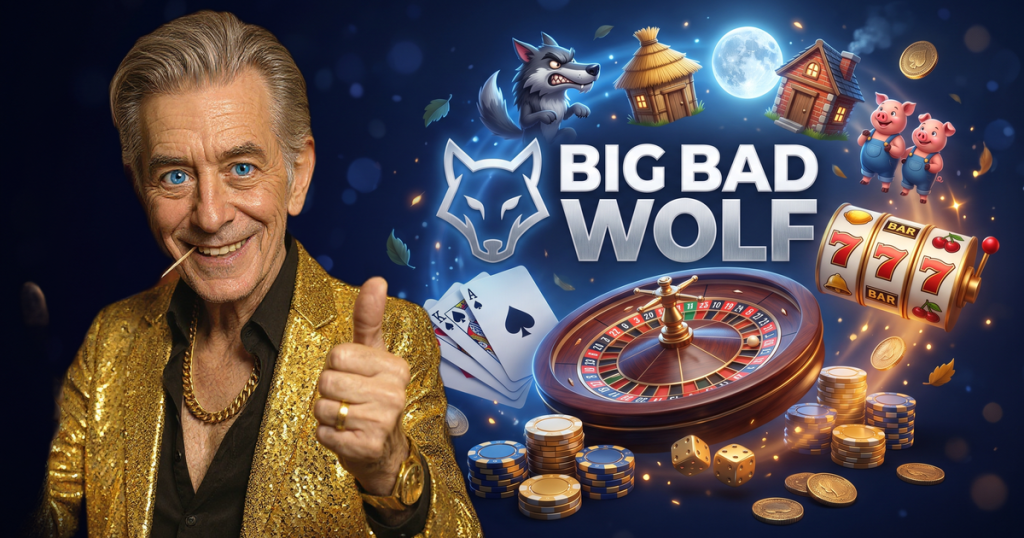 BIG BAD WOLF casino review featuring ChipReign character, branded game montage backdrop