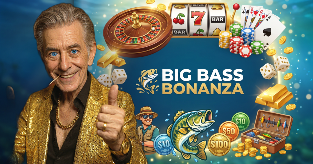 BIG BASS BONANZA casino review featuring ChipReign character, branded game montage backdrop