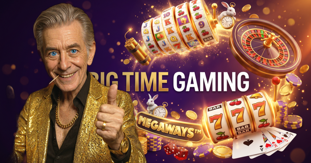 BIG TIME GAMING casino review featuring ChipReign character, branded game montage backdrop