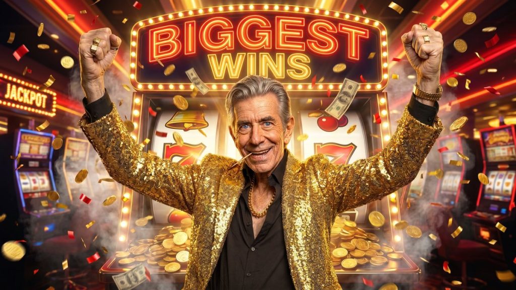 Chip celebrating with arms raised beside a BIGGEST WINS neon sign amid a slot machine coin explosion