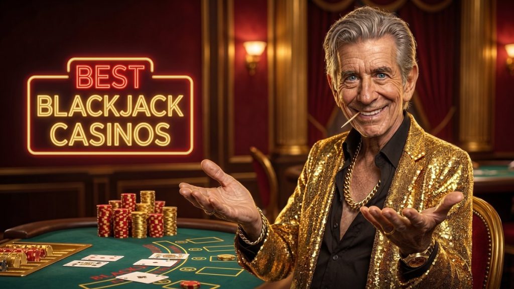 Chip beside a BEST BLACKJACK CASINOS neon sign at a blackjack table with chips
