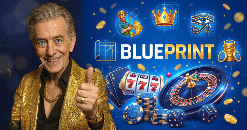 BLUEPRINT casino review featuring ChipReign character, branded game montage backdrop