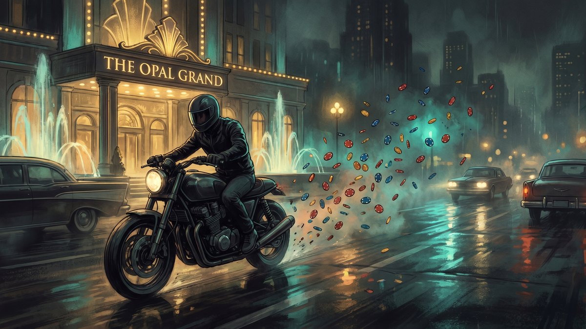 Illustration of a helmeted bandit speeding from a casino on a motorcycle as chips scatter