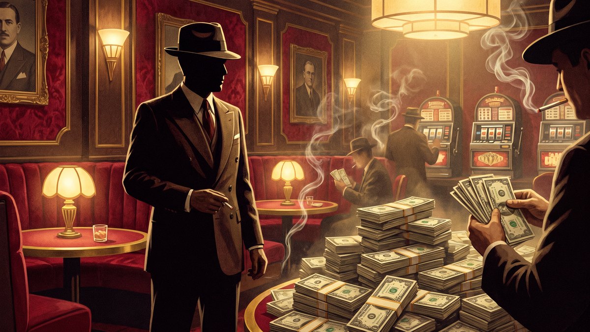 Illustration of a 1970s mob-era casino count room with stacks of cash