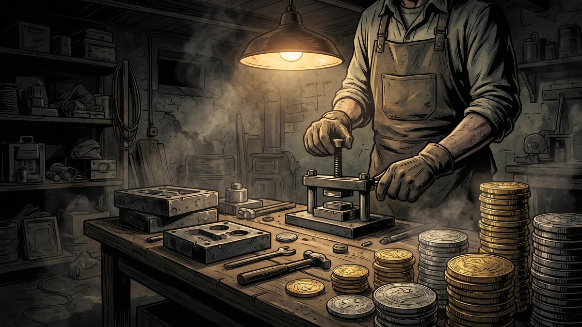 Illustration of a workshop with counterfeit casino tokens and coin dies