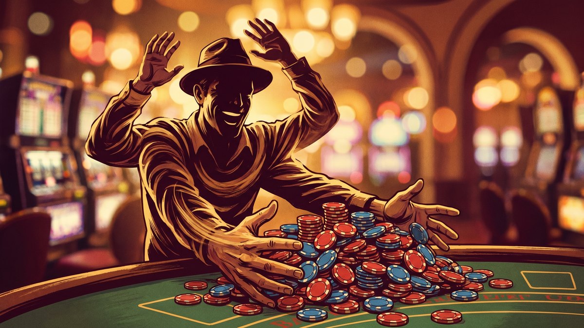 Illustration of a gambler carelessly pushing winnings back onto the table