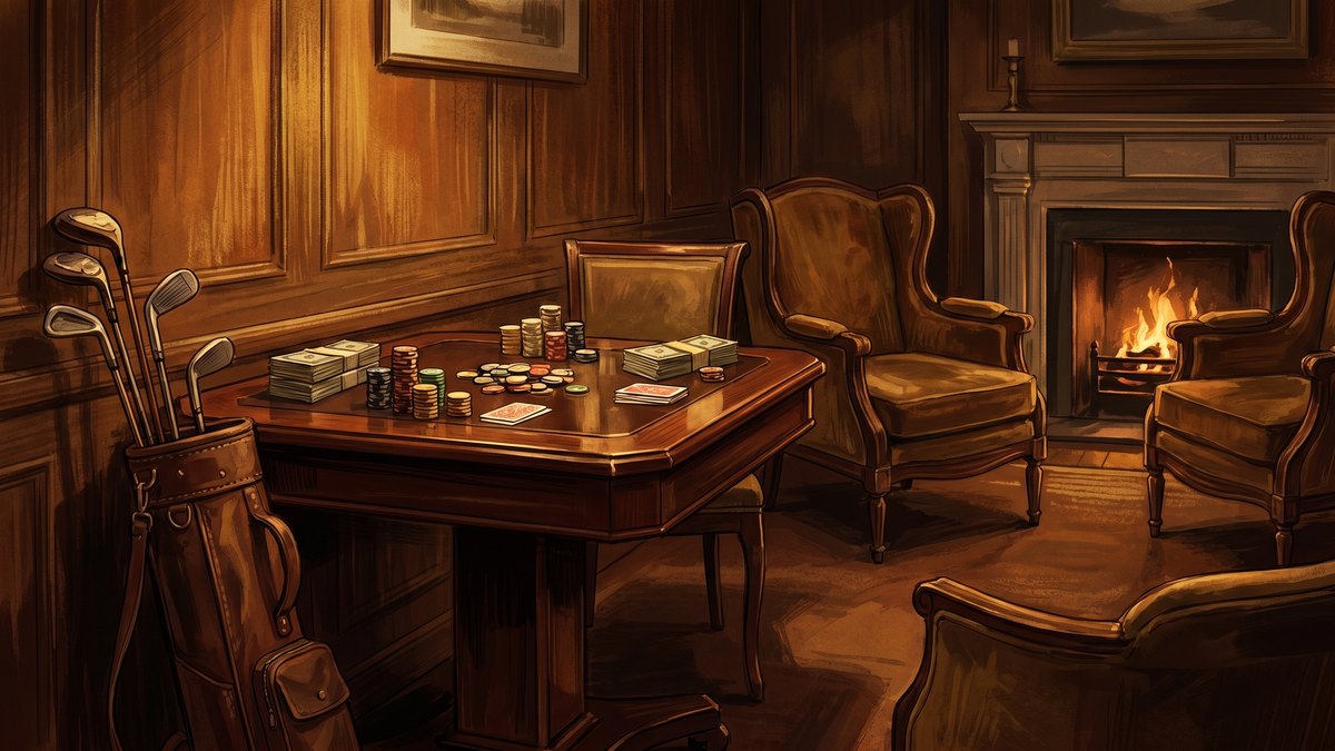 Illustration of a luxury card table beside golf clubs with high stakes