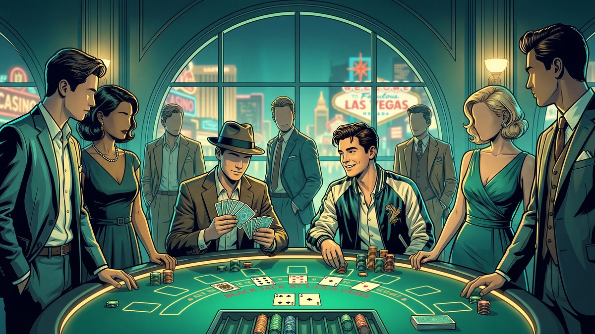 Illustration of a student card-counting team at a casino blackjack table