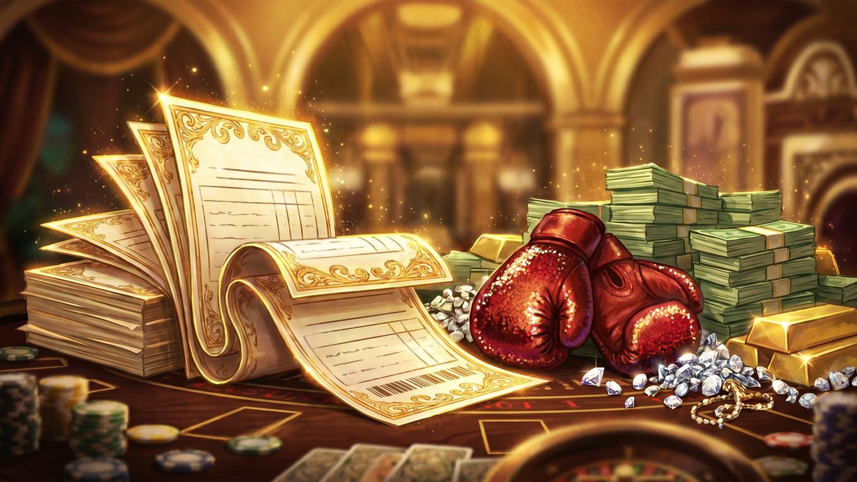 Illustration of giant winning betting slips, cash and boxing gloves on a casino table
