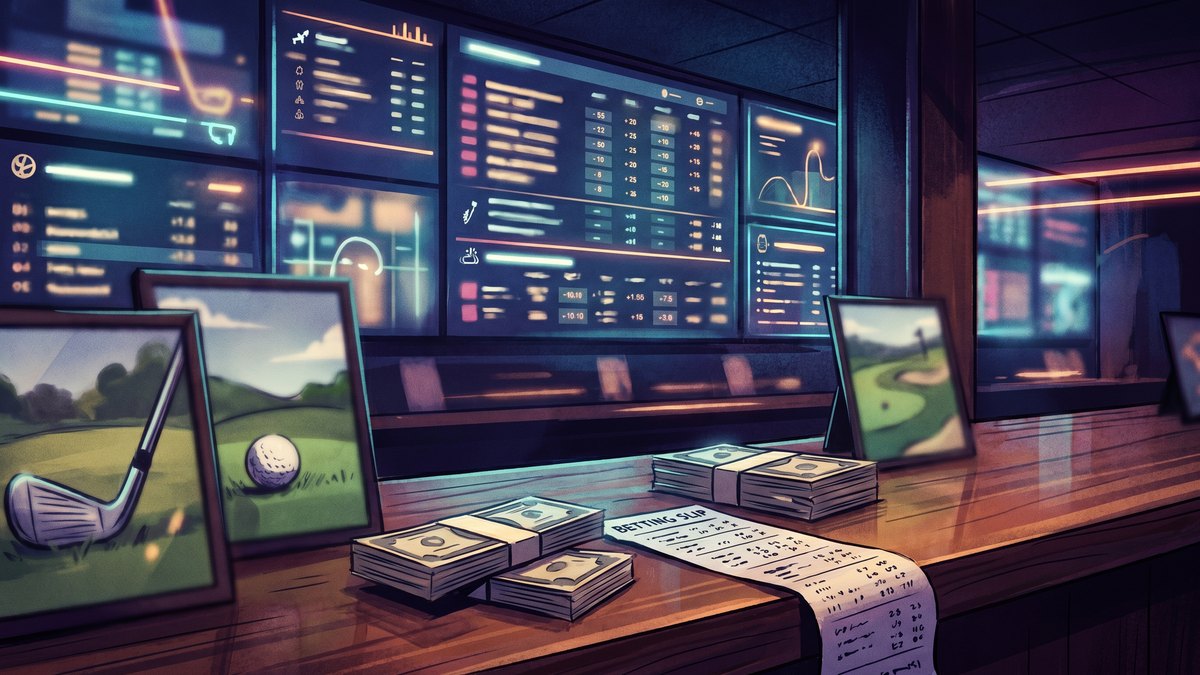 Illustration of a casino sportsbook wall of screens with betting slips