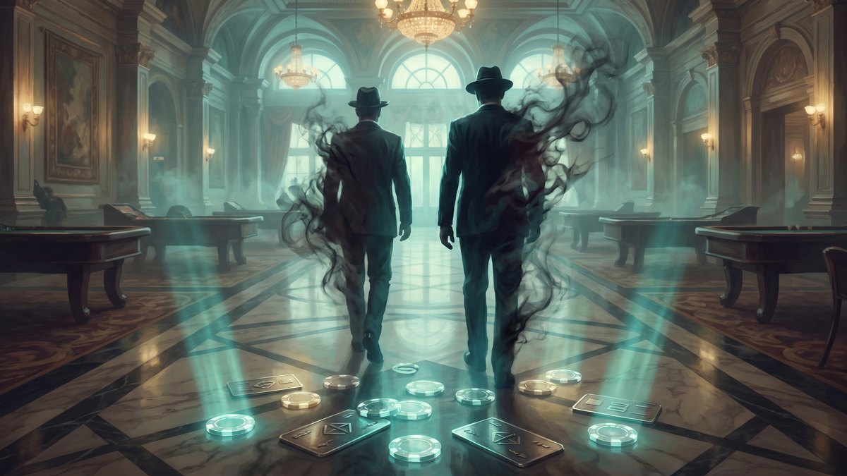 Illustration of two faceless men in suits vanishing into shadow with casino chips at their feet