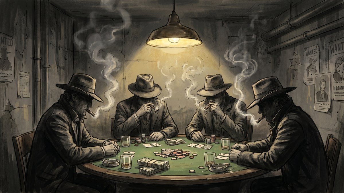 Illustration of a smoky underground back-room poker game