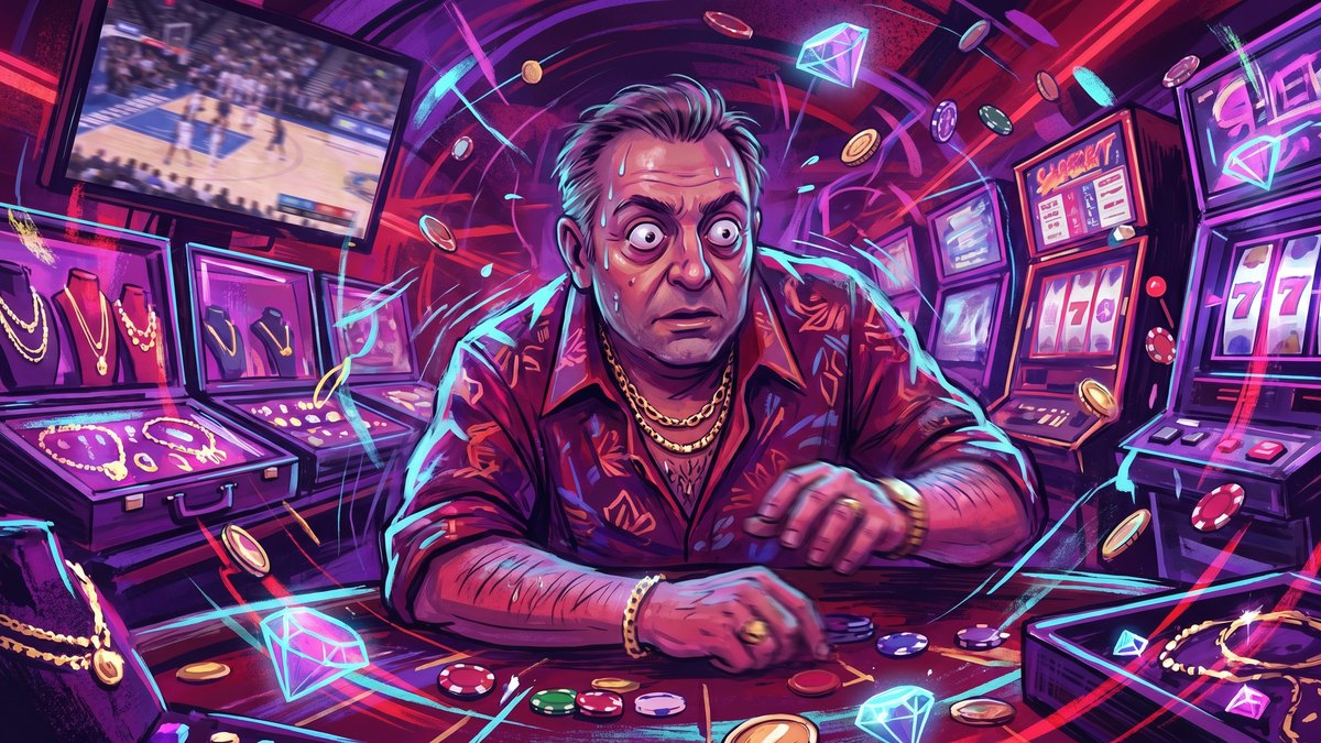Illustration of a frantic gambler in a chaotic neon casino and jewellery scene