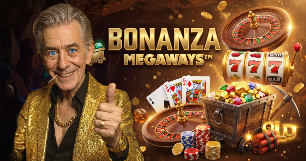 BONANZA MEGAWAYS casino review featuring ChipReign character, branded game montage backdrop