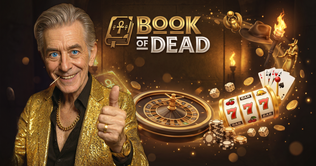 BOOK OF DEAD casino review featuring ChipReign character, branded game montage backdrop