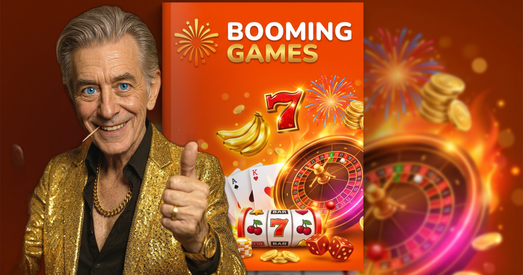 BOOMING GAMES casino review featuring ChipReign character, branded game montage backdrop