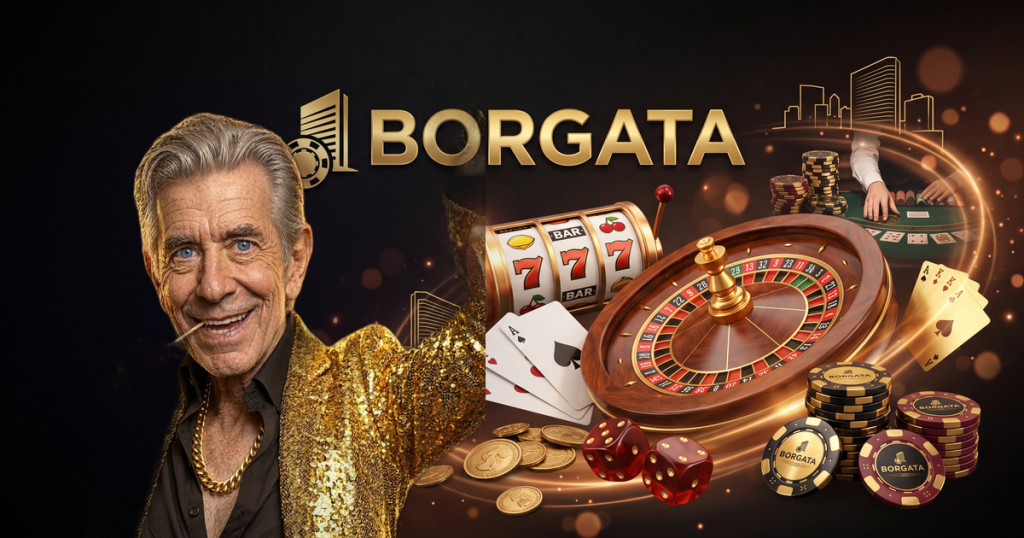 BORGATA casino review featuring ChipReign character, branded game montage backdrop