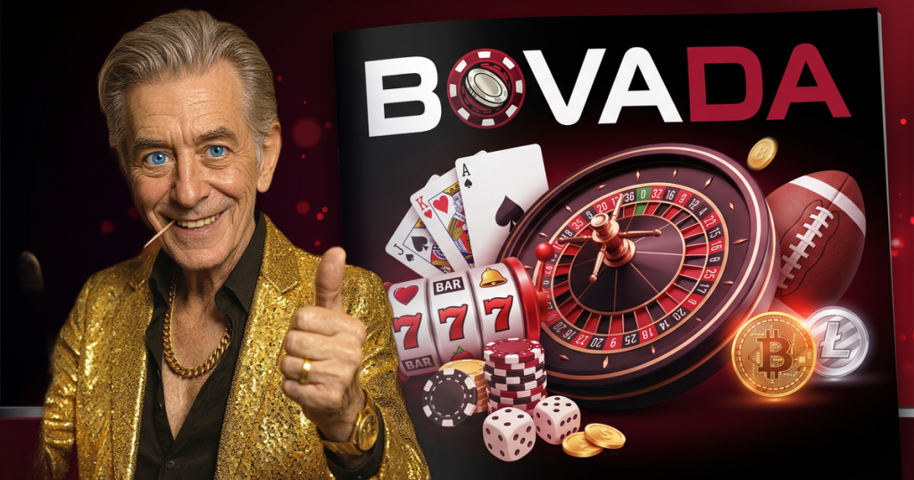 BOVADA casino review featuring ChipReign character, branded game montage backdrop