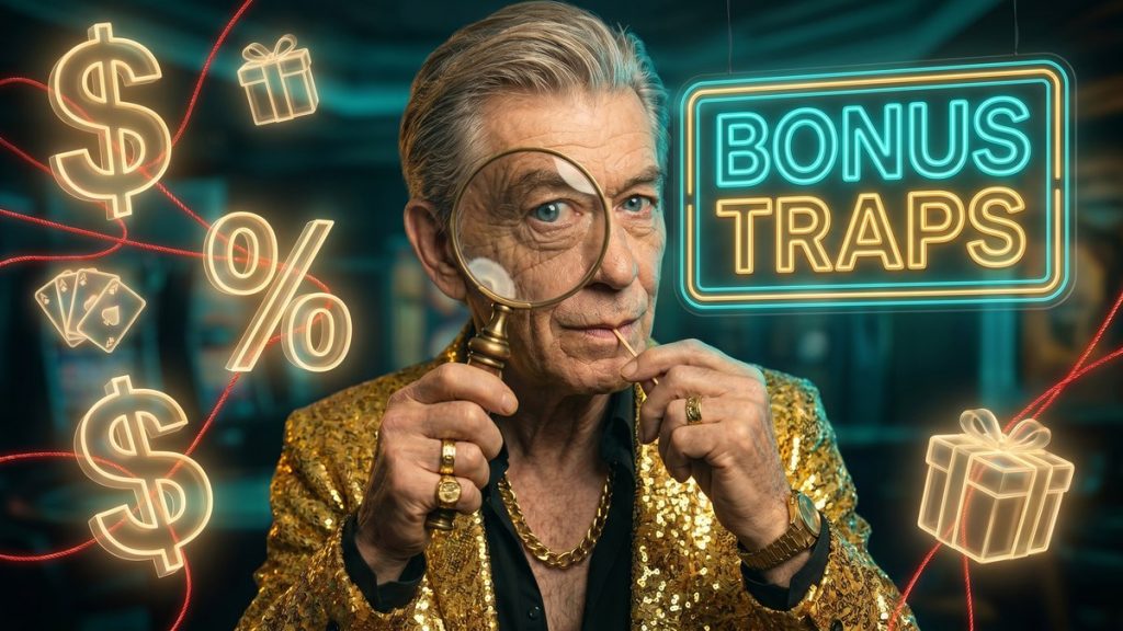 Chip with a magnifying glass examining bonus icons beside a BONUS TRAPS neon sign
