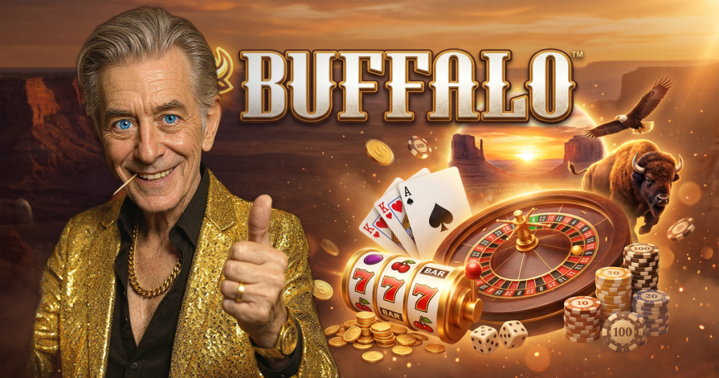 BUFFALO casino review featuring ChipReign character, branded game montage backdrop