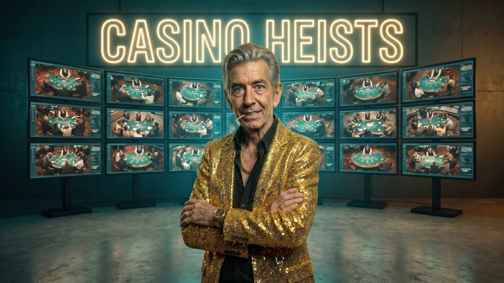 Chip in front of a wall of casino surveillance monitors beside a CASINO HEISTS neon sign