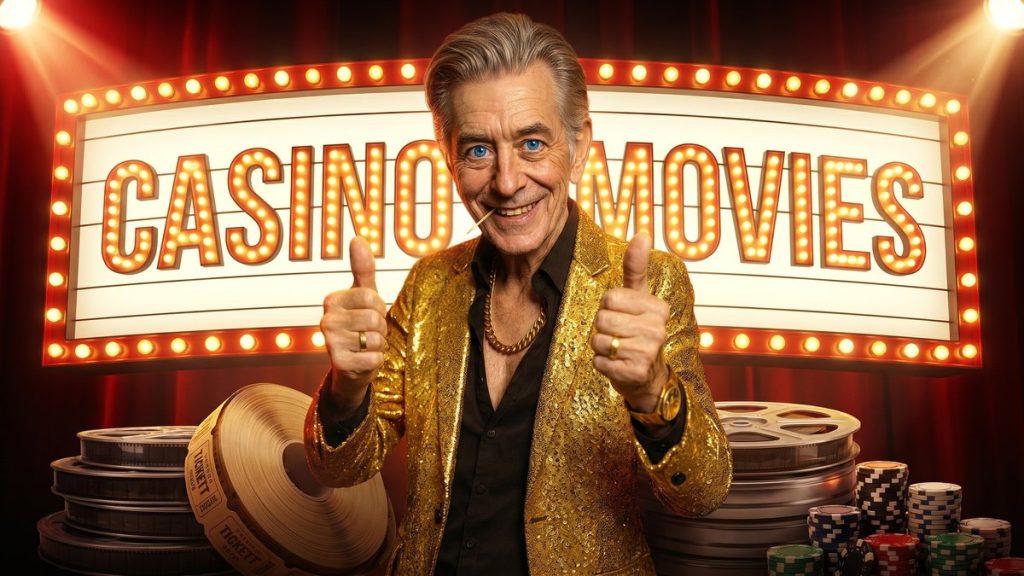 Chip giving two thumbs up under a CASINO MOVIES cinema marquee with film reels and chips